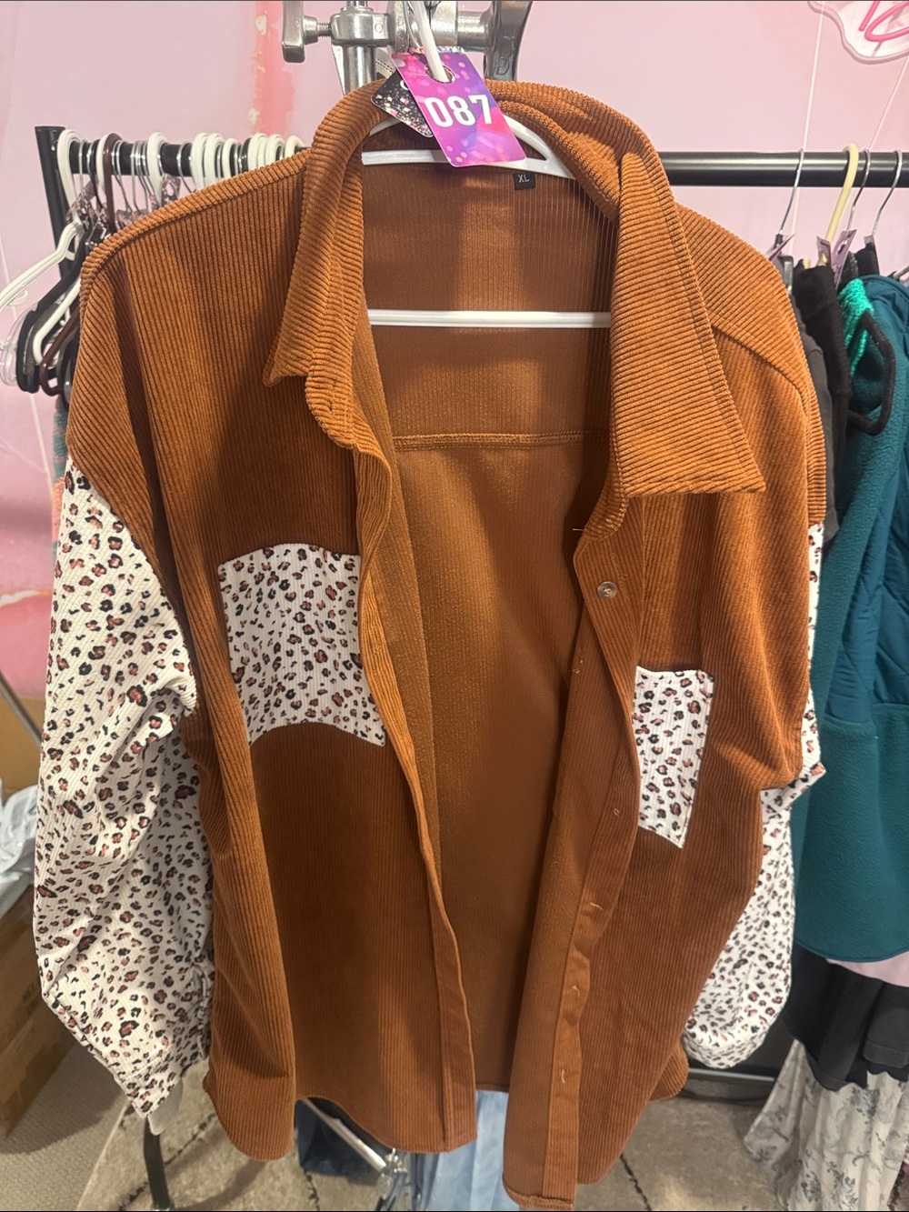 87. corduroy leopard button shacket XL